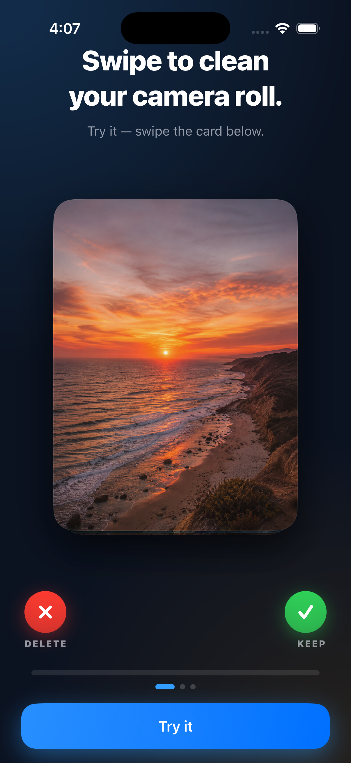 Pocketsweep onboarding — swipe sample photo